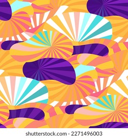 Abstract seamless pattern of colorful radiant shapes. Vector repeated geometric design