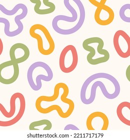 Abstract seamless pattern with colorful rainbow shapes in style 60s, 70s. Trendy vector illustration.