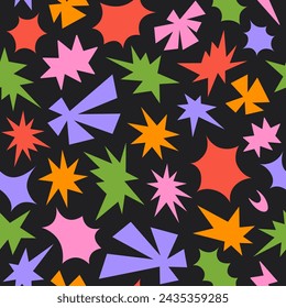 Abstract seamless pattern with colorful retro funky shapes on a black background. Trendy geometric cosmic starburst forms. Vector illustration in style 90s, 00s