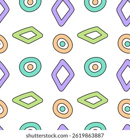 Abstract seamless pattern with colorful rhombuses, dots and circles, featuring a playful and modern geometric design on a white background. Perfect for nursery, wallpaper, wrapping paper and gift box.