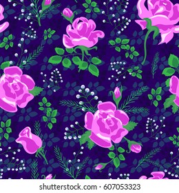 Abstract seamless pattern with colorful roses.Cute flowers and leaves on the dark violet background.Summer floral vector illustration  for prints,book covers, textile,fabric,wrapping gift paper