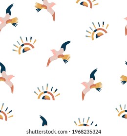 Abstract seamless pattern with colorful seagulls and suns, bright vector illustration