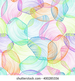 Abstract seamless pattern of colorful seashells on a white background.