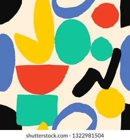 Abstract seamless pattern with colorful shapes on vanilla background.