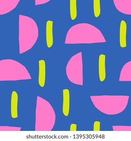 Abstract seamless pattern with colorful shapes on blue background.
