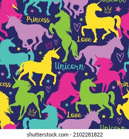 Abstract seamless pattern colorful silhouette of unicorns, girlish background, print for textiles