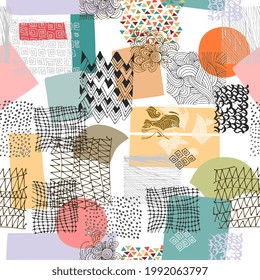 Abstract seamless pattern with colorful stains and ink scribbles. Vector design