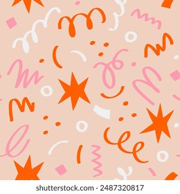 Abstract seamless pattern of colorful stars, squiggles, confetti on a light background, hand drawn illustration, flat style