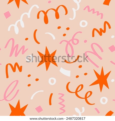 Abstract seamless pattern of colorful stars, squiggles, confetti on a light background, hand drawn illustration, flat style