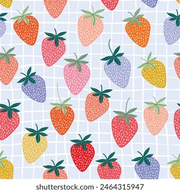 Abstract seamless pattern with colorful strawberries, modern background, summer wallpaper