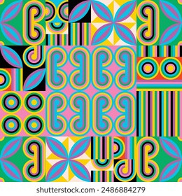 Abstract seamless pattern. Colorful and symmetry vintage geometric illustration, resembling a vibrant colorful artwork. Square patches, circles and rectangles create parallel stylish designs