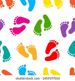 Abstract seamless pattern with colorful traces of human feet. Footprint isolated on white background. Vector illustration