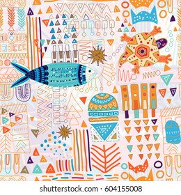 Abstract seamless pattern. Colorful tropic background. Hand drawn backdrop with decorative animals and geometric elements. Memphis style