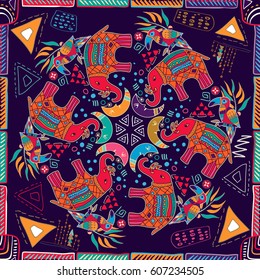 Abstract seamless pattern. Colorful tropic background. Hand drawn backdrop with decorative animals and geometric elements