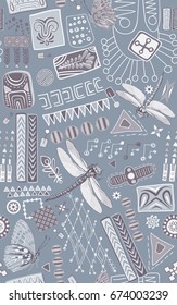 Abstract seamless pattern. Colorful tropic background. Hand drawn backdrop with decorative animals and geometric elements. Memphis style. Design for fabrics