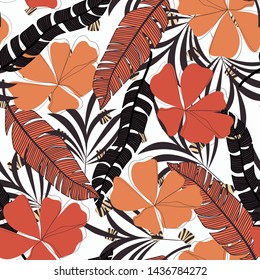 Abstract seamless pattern with colorful tropical leaves and flowers on white background. Vector design. Jungle print. Floral background. Printing and textiles. Exotic tropics. Summer design.