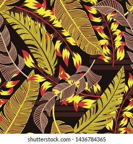 Abstract seamless pattern with colorful tropical leaves and plants on brown background. Vector design. Jungle print. Floral background. Printing and textiles. Exotic tropics. Summer design.