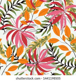 Abstract seamless pattern with colorful tropical leaves and plants on a delicate background. Vector design. Jungle print. Floral background. Printing and textiles. Exotic tropics. Summer design.
