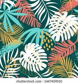 Abstract seamless pattern with colorful tropical leaves and plants on green background. Vector design. Jungle print. Floral background. Printing and textiles. Exotic tropics. Fresh design.