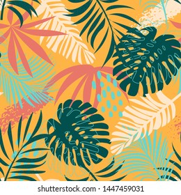 Abstract seamless pattern with colorful tropical leaves and plants on pastel background. Vector design. Jungle print. Floral background. Printing and textiles. Exotic tropics. Fresh design.