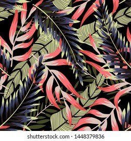 Abstract seamless pattern with colorful tropical leaves and plants on dark background. Vector design. Jungle print. Floral background. Printing and textiles. Exotic tropics. Fresh design.
