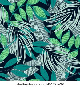 Abstract seamless pattern with colorful tropical leaves and plants on black background. Vector design. Jungle print. Flowers background. Printing and textiles. Exotic tropics. Fresh design.