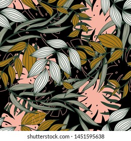 Abstract seamless pattern with colorful tropical leaves and plants on dark background. Vector design. Jungle print. Flowers background. Printing and textiles. Exotic tropics. Fresh design.