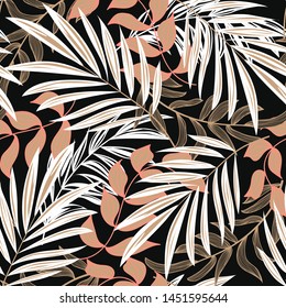 Abstract seamless pattern with colorful tropical leaves and plants on dark background. Vector design. Jungle print. Flowers background. Printing and textiles. Exotic tropics. Fresh design.