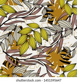 Abstract seamless pattern with colorful tropical leaves and plants on a delicate background. Vector design. Jungle print. Flowers background. Printing and textiles. Exotic tropics. Fresh design.