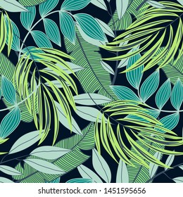 Patrón abstracto sin fisuras con hojas y plantas tropicales coloridas sobre fondo azul. Diseño de vectores. Impresión de selva. Fondo de flores. Impresión y textiles. Tropos exóticos. Diseño fresco.