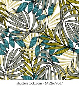 Abstract seamless pattern with colorful tropical leaves and plants on a light background. Vector design. Jungle print. Floral background. Printing and textiles. Exotic tropics. Fresh design.