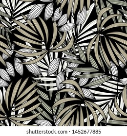 Patrón abstracto sin fisuras con hojas tropicales coloridas y plantas sobre fondo negro. Diseño de vectores. Impresión de selva. Fondo floral. Impresión y textiles. Tropos exóticos. Diseño fresco.