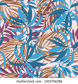 Abstract seamless pattern with colorful tropical leaves and plants on white background. Vector design. Jungle print. Floral background. Printing and textiles. Exotic tropics. Fresh design.