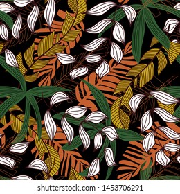 Abstract seamless pattern with colorful tropical leaves and plants on dark background. Vector design. Jungle print. Floral background. Printing and textiles. Exotic tropics. Fresh design.