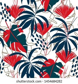 Abstract seamless pattern with colorful tropical leaves and plants on white background. Vector design. Jungle print. Flowers background. Printing and textiles. Exotic tropics. Fresh design.