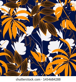 Abstraktes, nahtloses Muster mit bunten tropischen Blättern und Pflanzen auf dunkelblauem Hintergrund. Vektordesign. Dschungeldruck. Blumenhintergrund. Druck und Textilien. Exotische Tropen. Neues Design.