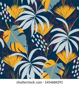 Abstract seamless pattern with colorful tropical leaves and plants on blue background. Vector design. Jungle print. Flowers background. Printing and textiles. Exotic tropics. Fresh design.