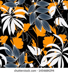 Abstract seamless pattern with colorful tropical leaves and plants on dark background. Vector design. Jungle print. Flowers background. Printing and textiles. Exotic tropics. Fresh design.
