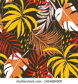 Abstract seamless pattern with colorful tropical leaves and plants on green background. Vector design. Jungle print. Flowers background. Printing and textiles. Exotic tropics. Fresh design.
