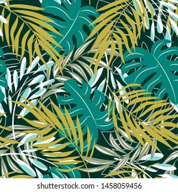 Abstract seamless pattern with colorful tropical leaves and plants on green background. Vector design. Jungle print. Flowers background. Printing and textiles. Exotic tropics. Fresh design.