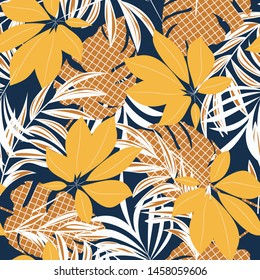 Abstract seamless pattern with colorful tropical leaves and plants on blue background. Vector design. Jungle print. Flowers background. Printing and textiles. Exotic tropics. Fresh design.