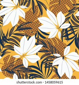 Abstract seamless pattern with colorful tropical leaves and plants on yellow background. Vector design. Jungle print. Flowers background. Printing and textiles. Exotic tropics. Fresh design.