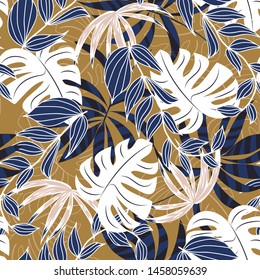Abstract seamless pattern with colorful tropical leaves and plants on orange background. Vector design. Jungle print. Flowers background. Printing and textiles. Exotic tropics. Fresh design.