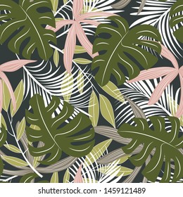 Abstract seamless pattern with colorful tropical leaves and plants on dark background. Vector design. Jungle print. Flowers background. Printing and textiles. Exotic tropics. Fresh design.