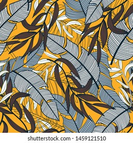 Abstract seamless pattern with colorful tropical leaves and plants on bright background. Vector design. Jungle print. Flowers background. Printing and textiles. Exotic tropics. Fresh design.