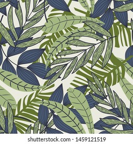 Abstract seamless pattern with colorful tropical leaves and plants on beige background. Vector design. Jungle print. Flowers background. Printing and textiles. Exotic tropics. Fresh design.