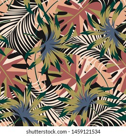 Abstract seamless pattern with colorful tropical leaves and plants on dark background. Vector design. Jungle print. Flowers background. Printing and textiles. Exotic tropics. Fresh design.