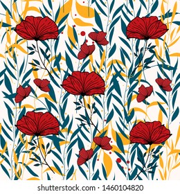 Abstract seamless pattern with colorful tropical leaves and flowers on white background. Vector design. Jungle print. Flowers background. Printing and textiles. Exotic tropics. Fresh design.
