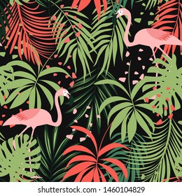 Abstract seamless pattern with colorful tropical leaves and flamingos on black background. Vector design. Jungle print. Flowers background. Printing and textiles. Exotic tropics. Fresh design.