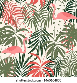 Abstract seamless pattern with colorful tropical leaves and flamingos on pastel background. Vector design. Jungle print. Flowers background. Printing and textiles. Exotic tropics. Fresh design.